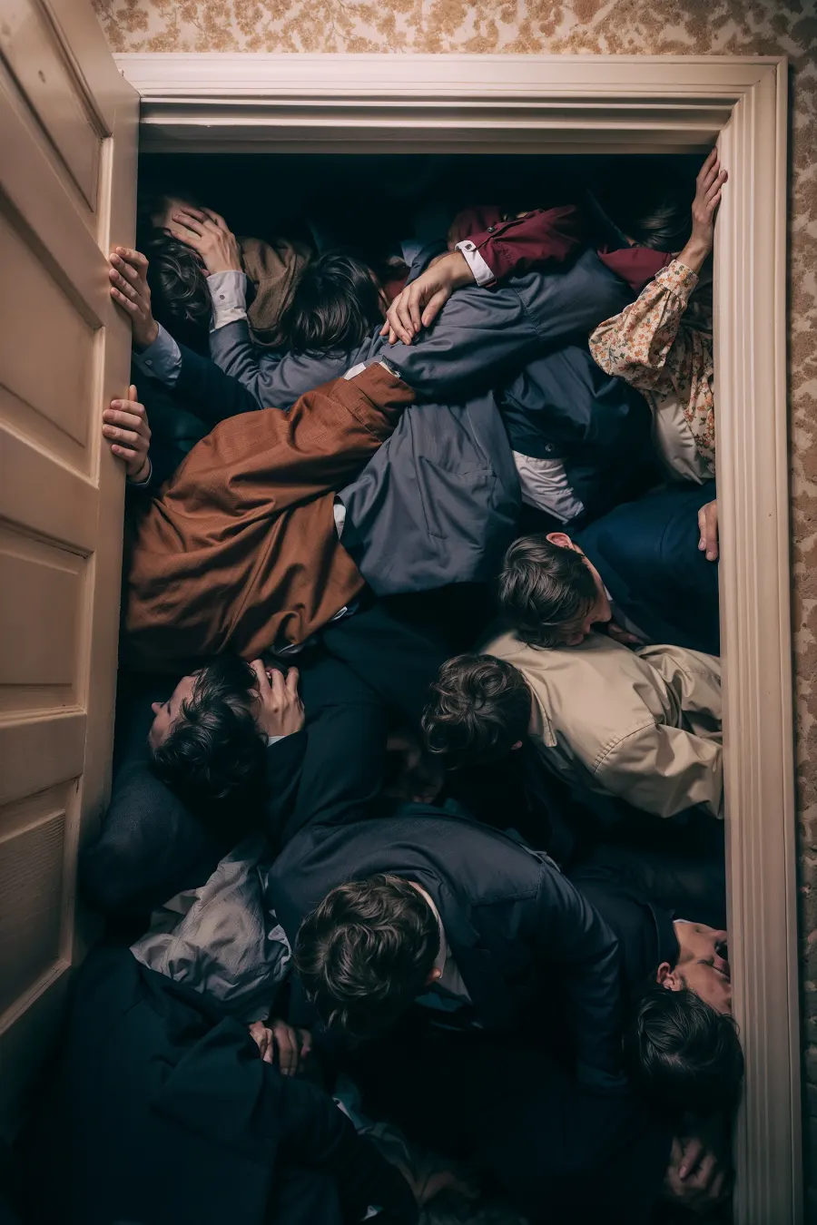 Una puerta abierta deja ver una montaña de personas apiladas.
