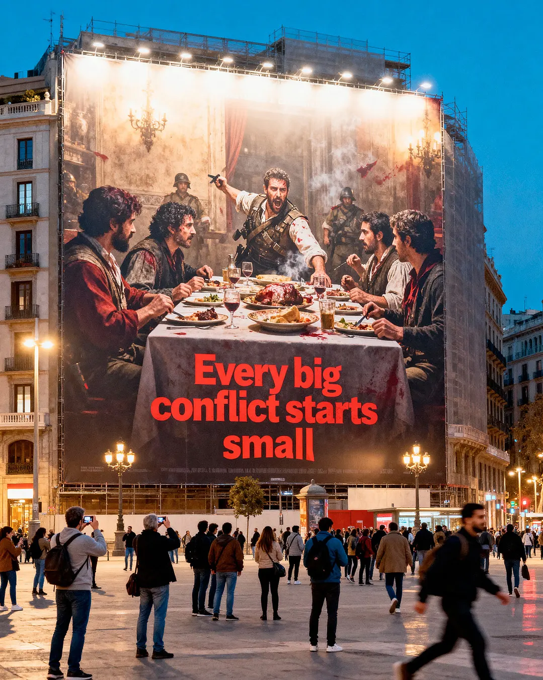 Valla publicitaria gigante: «Every big conflict starts small».