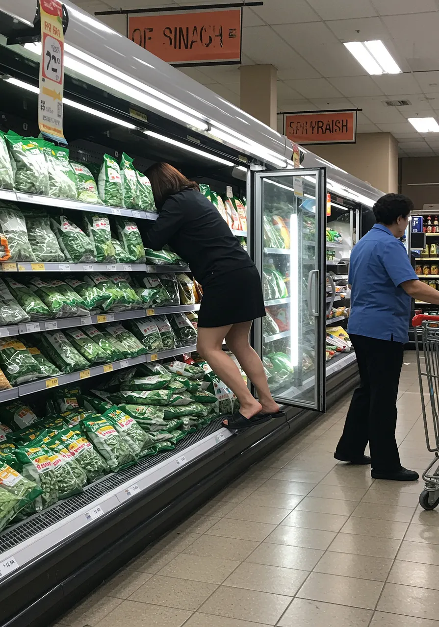 Un hombre se mete en la nevera de un supermercado.