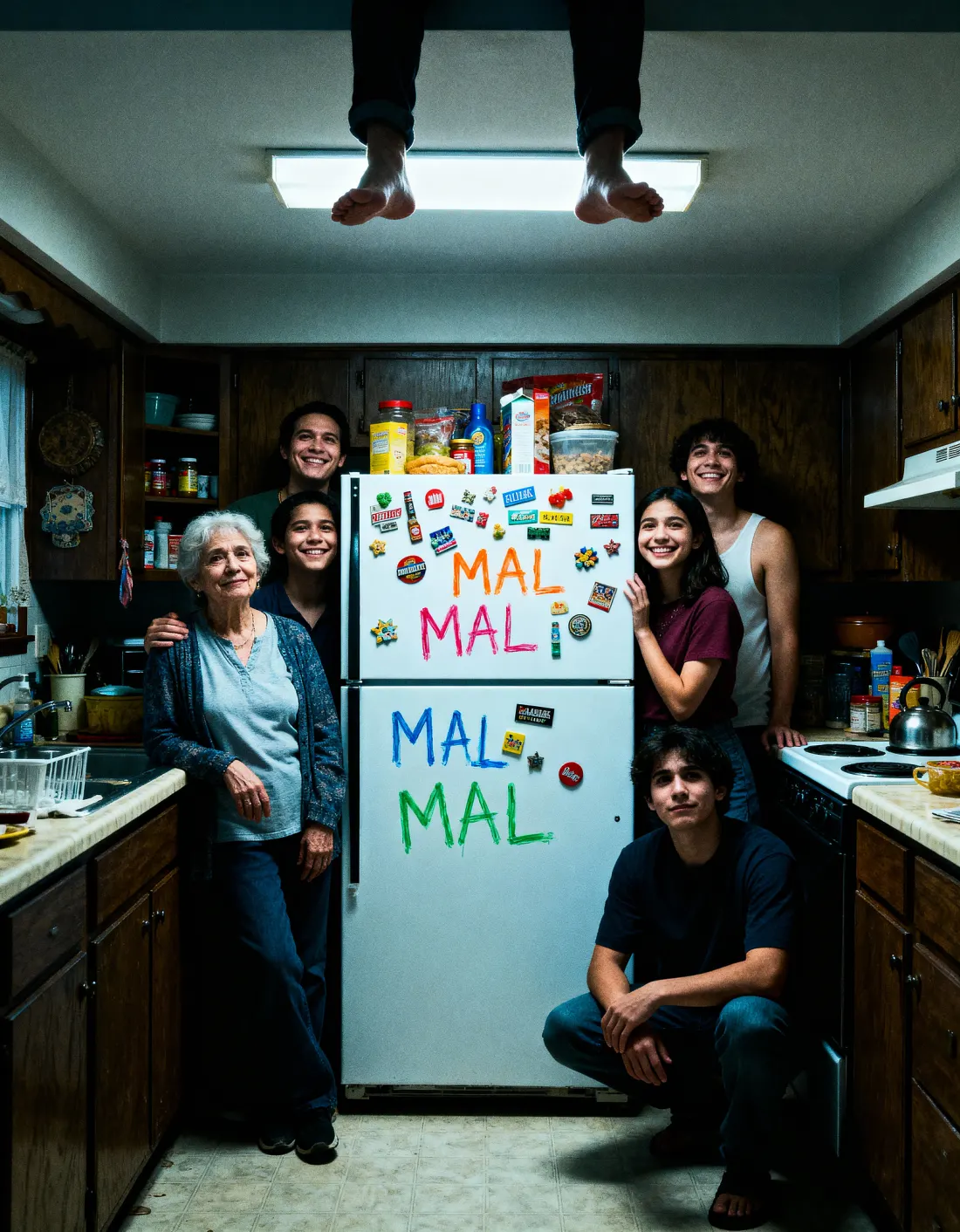 Familia en la cocina con la nevera llena de imanes «MAL».